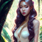 Digital Art Portrait of Woman with Long Wavy Hair in Lace Dress Against Forest Backdrop