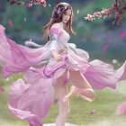 Illustration: Young woman in floral dress surrounded by lotus flowers and falling petals
