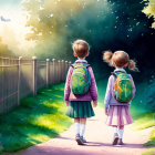 Two girls in floral dresses walking on flower-lined path with fence and butterflies.